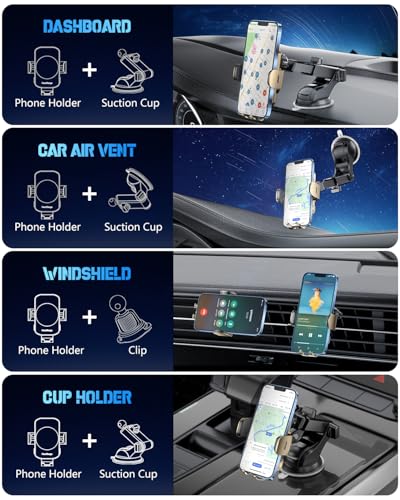 BothLin 3-in-1 Wireless Car Charger Mount, 15W Fast Charging Auto-Clamping Phone Holder for iPhone 17 16 15 14, Samsung Galaxy S24 S23, Dashboard, Vent & Windshield Car Mount - color: Amber Yellow