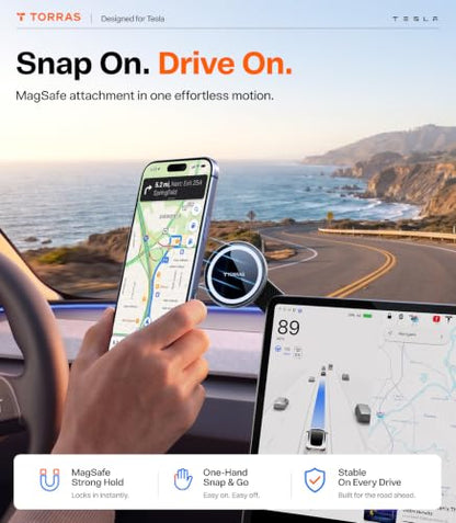 TORRAS Stow Tesla Phone Mount [Hidden & Strong Magnet] 360°Rotation Foldable Tesla Phone Holder Fit for All Phones, Tesla MagSafe Car Mount, Tesla Accessories for Model Y Model 3/S/X/Cybertruck