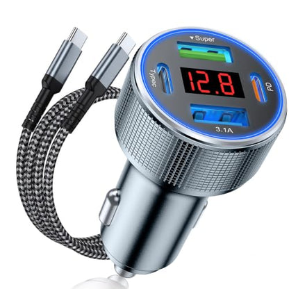 4-Port USB C Car Charger with 3.3ft USB C Cable, 78W Metal Fast Charging Car Charger Adapter with Voltage Display, Aluminum Alloy Car Phone Charger for iPhone 17/16/15 Pro Max, Samsung Galaxy, iPad