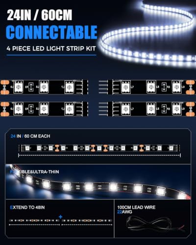 Keiurot 12V Led Light Strip for Cars 24Inch Connectable & Waterproof IP68 - color: White Led Strip 24" Connectable