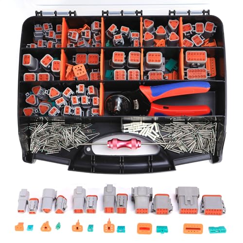MUYI 371 PCS DT Deustch Connector Kit, 2 3 4 6 8 12 Pin Waterproof Automotive Electrical Connectors, Including Deutsch Crimping Tool, Removal Tool, 16# Solid Contacts
