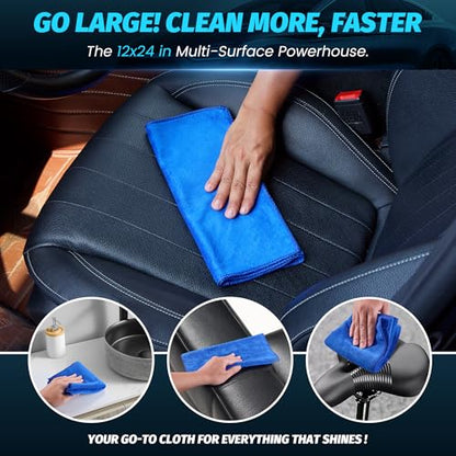 3 Pack Microfiber Cleaning Cloth Towels Blue - 12x24 Inch Micro Fiber Towels Car Detailing Weave Grime & Liquid for Streak-Free Mirror Shine Car Accessories for Men