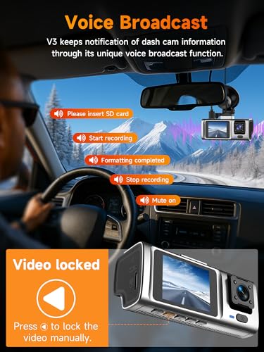 3 Channel Dash Cam Front and Rear Inside, 2.5K Front Cabin Recorder with Super Night Vision, WiFi App Control, Loop Recording, G-Sensor, 24H Parking Mode Dash Camera for Commuters & Family SUV