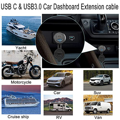 QIANRENON USB C3.1 & USB3.0 Embedded Car Waterproof Cable 10Gbps USB Type C 3.1 & USB3.0 Threaded Mounting Extension Cable, PD65W,Support 4K Video,LED,Al housing,for Dashboard car Boat Moto,2M/6.5ft