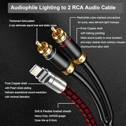 Audiophile Lighting to 2 RCA Cable -6.5FT Audio Aux Adapter 2 Male RCA Y Splitter Aux Cord Compatible with iPhone 14 13 12 11 Pro XS XR X 8 7 for Home Theater Speaker Amplifier Car etc - size: 6.5 ft, style: Lightning to 2RCA