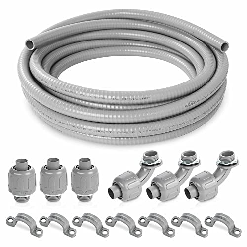 (1/2" Dia * 25 Feet) Yariwiz Flexible Electrical Conduit Liquid Tight PVC Conduit Kit with 3 PCS Coupling, 3 PCS Elbow and 7 PCS Strap, Sealtight Seal Flex Liquidtight Wire Outdoor Non Metallic Grey - style: 1/2"-25ft Kit-Grey