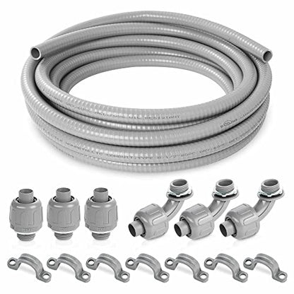 (1/2" Dia * 25 Feet) Yariwiz Flexible Electrical Conduit Liquid Tight PVC Conduit Kit with 3 PCS Coupling, 3 PCS Elbow and 7 PCS Strap, Sealtight Seal Flex Liquidtight Wire Outdoor Non Metallic Grey - style: 1/2"-25ft Kit-Grey