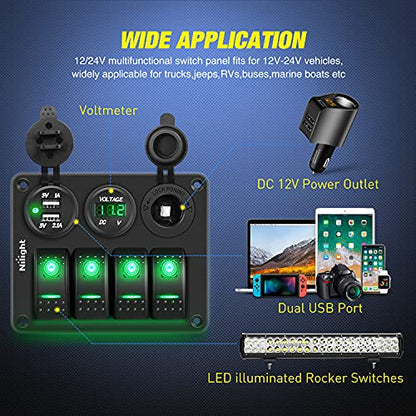 Nilight 4 Gang Rocker Switch Panel SPST On Off 12 Volt Toggle Green - color: Green, size: 4+3 Gang Dual USB