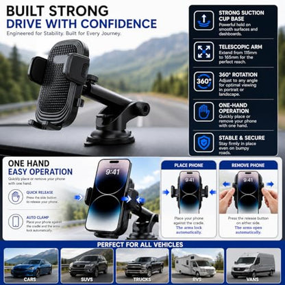 Wireless City Car Phone Holder, Ultra Stable, Big Phones & Thick Case Friendly, Adjustable Long Arm Cell Phone Holder for Car Dashboard Windshield Car Mount