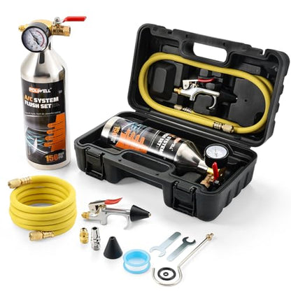 POLIWELL AC Flush Kit with 59" Nylon Hose, Stainless Steel Body & Flush Gun – For R134a/R12/R22/R404a/R406a/R410a – Fits Car AC Lines, Condenser, Evaporator (Solvent Not Included)