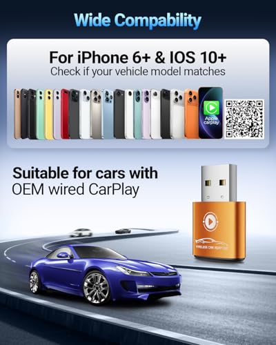 vnilrgle CarPlay Wireless Adapter for iPhone 6+（2026 Upgraded）, Converts Factory Wired to Wireless Adapter for Apple CarPlay iOS 10+, Mini Design, Plug and Play, Auto Connect Fast and Stable(Orange)