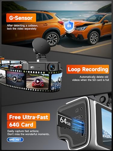 3 Channel Dash Cam Front and Rear Inside, 2.5K Front Cabin Recorder with Super Night Vision, WiFi App Control, Loop Recording, G-Sensor, 24H Parking Mode Dash Camera for Commuters & Family SUV