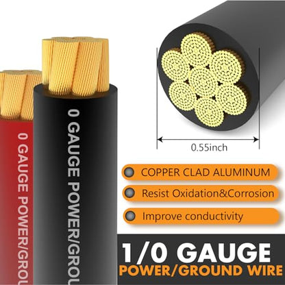 Jeemiter 1/0 Gauge CCA Wire Kit - Power/Ground Cable (40FT Black/Red),Battery Wire with 250A ANL Fuse,1/2 Inch Cable Split Sleeving,Lugs,Heat Shrink Tubing | for Car Audio Systems,Big 3 Upgrade - size: 40FT Wire + ANL Fuse + Cable Sleeve