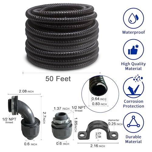 (1/2" Dia * 50 Feet) Yariwiz Black Special Extra Flexible Electrical Conduit Liquid Tight PVC Conduit Kit with 5 PCS Coupling, 3 PCS Elbow and 10 PCS Strap, Sealtight Seal Flex Liquidtight Wire - style: 1/2 inch-50ft-Kit