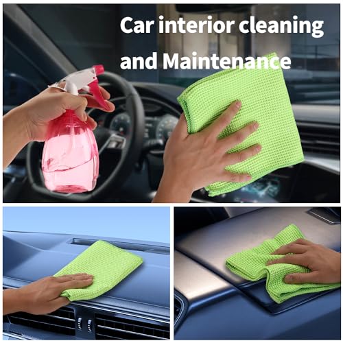 XINDELL Waffle Weave Microfiber Towel, 4Pack-16" X16" Premium Waffle Knit Detailing Towel, Cleaning Cloth for Car Windows Glass, No-Odor Streak-Free Ultra Absorbent Small Kitchen Cleaning Rags, Green