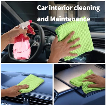 XINDELL Waffle Weave Microfiber Towel, 4Pack-16" X16" Premium Waffle Knit Detailing Towel, Cleaning Cloth for Car Windows Glass, No-Odor Streak-Free Ultra Absorbent Small Kitchen Cleaning Rags, Green