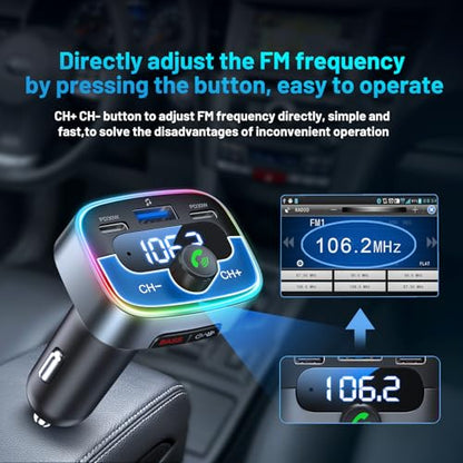 Bluetooth 5.4 Car Adapter 60W Charging USB Bluetooth Adapter for Car,Wireless Fm Transmitter Radio,Handsfree Calling and Audio Receiver,HiFi Music Player,7 Colors LED Backlit - color: Colorful-60W