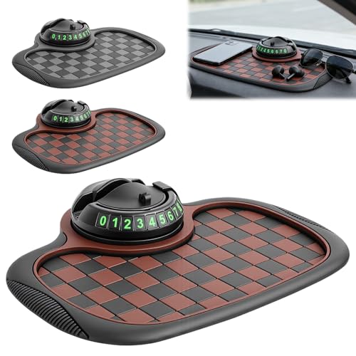 Multifunction Car Anti Slip Mat, 360° Rotatable Phone Holder Dashboard Pad with Temporary Parking Number, Organizer for Phone Sunglasses Keys (Black and Brown Plaid) - color: Black and brown plaid