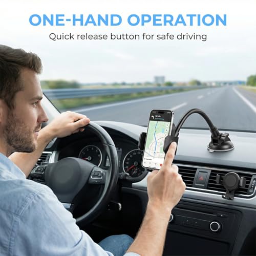 Car Windshield Phone Holder, 14" Gooseneck Strong Suction Cup Dashboard Air Vent Mobile Phone Stand, Hands-Free Auto Interior Dash Window Cellphone Mount, Fits Most 7" Devices (Black) - color: Black