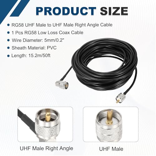 MECCANIXITY Black RG58 CB Coax Cable 50ft, 50 Ohm Low Loss UHF Male to UHF Male Right Angle Extension Jumper Cable for HAM Radio, Antenna Analyzer, HF Radio, and Communication Devices - size: 50ft
