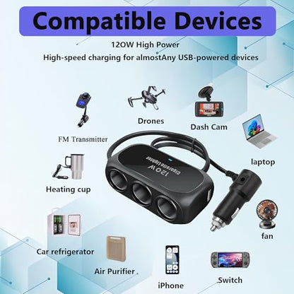 120W 3 Socket Car Cigarette Lighter Adapter,3 Socket Splitter with 2 USB Ports,12V/24V Universal Multi-Port Car Charger with 6-Layer Safety & LED Indicator for Dash Cam GPS Phone Truck SUV
