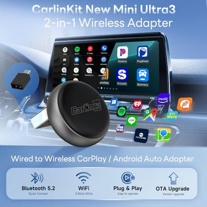 Carlinkit Mini Ultra 3(Mini Design) Wireless CarPlay & Android Auto Adapter - color: Black