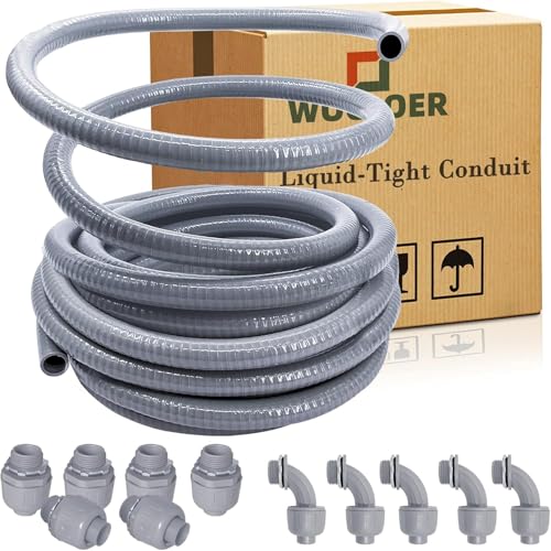 1/2 inch 100Ft Liquid-Tight Conduit Kit, Flexible Non Metallic Electrical Conduit, with 6 Straight and 5 Angle Fittings Included. 1/2" Dia - size: 1/2inch 100Ft