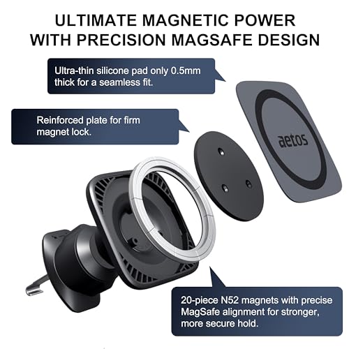 aetos for MagSafe Car Mount. Elegant Magnetic Air Vent Phone Holder with 20 Strong N52 Magnets & Metal Hook. Classic Minimalist Design for iPhone 17 16 15 14 13 12 Pro Max & MagSafe Cases