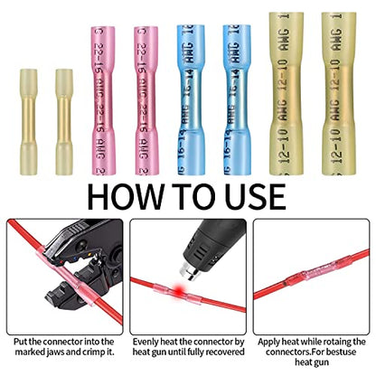 100 Pcs Heat Shrink Butt Connectors Kits, 10-26 AWG Butt Splice Electrical Wire Connectors Kit, Insulated Waterproof Marine Automotive Crimp Terminals Butt Splice Terminals Connectors