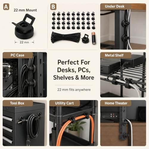 Magnetic Zip Tie Mounts 22mm, 50 Pack Cable Tie Mount Bases with 200 Zip Ties, Heavy Duty Cable Clips for Wire Management, Magnet Cord Holder Organizer for Desk, PC, Home Office