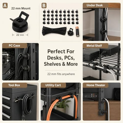 Magnetic Zip Tie Mounts 22mm, 50 Pack Cable Tie Mount Bases with 200 Zip Ties, Heavy Duty Cable Clips for Wire Management, Magnet Cord Holder Organizer for Desk, PC, Home Office