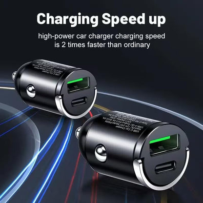 66W Car Fast Charger Dual USB-A USB-C Mini Metal Ring Design Stable Power Protection for Smartphones GPS Tachographs, Black