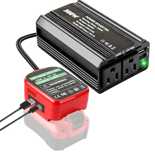 300W Power Inverter Compatible with Craftsman, DC 20V to AC 110-120V Battery Inverter, Portable Battery Adapter Charger Converter with 3 USB & 1 Type-C & 2 AC Outlet for Outdoor,Emergency(Tool Only) - color: Red