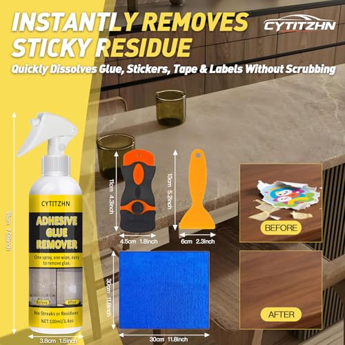 Adhesive Remover - Powerful Sticker & Glue Remover Spray for Cars, Removes Labels, Stickers, Decals, Tape Residue from Car Glass, Paint & Windows with Scraper, Razor Blades, and Towel - 3.4oz/100ml