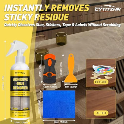 Adhesive Remover - Powerful Sticker & Glue Remover Spray for Cars, Removes Labels, Stickers, Decals, Tape Residue from Car Glass, Paint & Windows with Scraper, Razor Blades, and Towel - 3.4oz/100ml