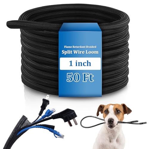 Pangda 50ft Split Wire Loom Tubing Flame Retardant Braided Cable Sleeve - size: 50 Ft, 1"