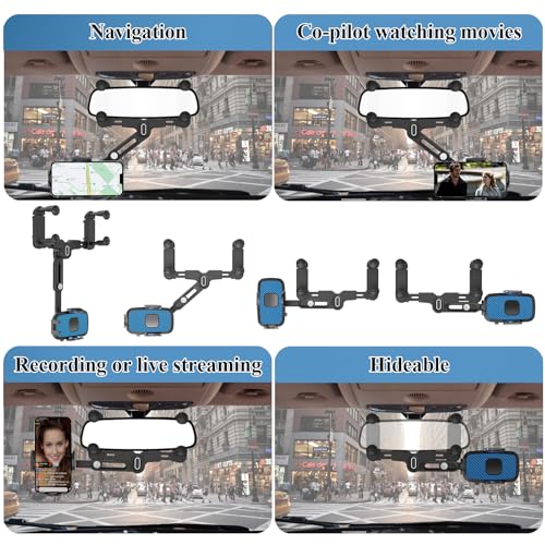 Phone Mount for Car, Rear View Mirror Phone Holder, Rotatable and Retractable Car Phone Holder Mount Rearview Mirror Phone Holder for Car Compatible with iPhone Samsung Cell Phones (Blue) - style: Blue