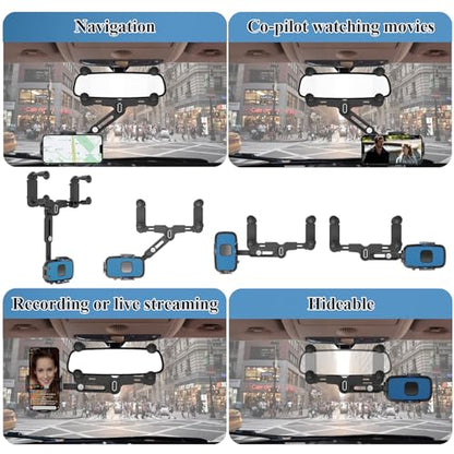 Phone Mount for Car, Rear View Mirror Phone Holder, Rotatable and Retractable Car Phone Holder Mount Rearview Mirror Phone Holder for Car Compatible with iPhone Samsung Cell Phones (Blue) - style: Blue