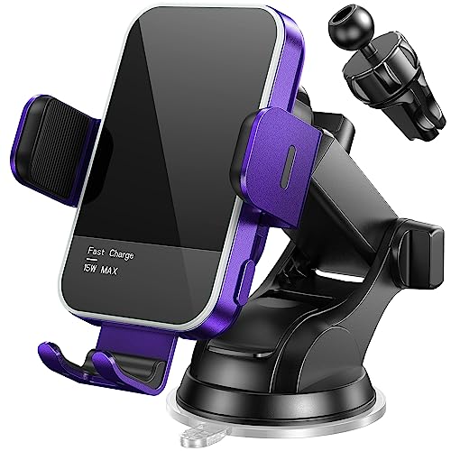 Wireless Car Charger,【7 Colored RGB Backlit】15W Auto Clamping Car Charger Phone Mount Holder for iPhone 16 15 14 13 12 Mini Pro Max 11, Samsung Galaxy S24 Ultra S23 S22 S21+ S10+ Note 20, etc - Purple - color: Purple