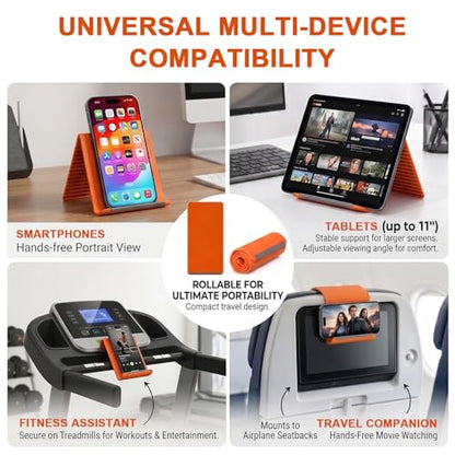 Flexible Silicone Phone Holder & Silicone Phone Stand, Bendable Airplane Travel Stand for Phone Tablet Laptop, Foldable Multi-Angle Desktop Mount with Bonus 360° Magnetic Ring Holder, Orange