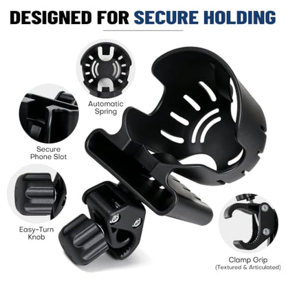 Boat Rail Cup Holder with Phone Slot, Clamp-On Mount for 0.6-1.57 in Rails