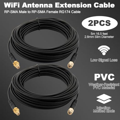 WiFi Antenna Extension Cable 2pcs Upgraded Extra-Long RP-SMA Male to RP-SMA Female Bulkhead Mount RG174 Cable 10m 32.8 feet for WiFi Router Security IP Camera Wireless Network Card Adapter - size: 32.8feet / 10m