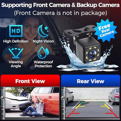 Double Din Car Stereo with 7" HD Touchscreen, Wireless Apple Carplay & Android Auto, Bluetooth, 240W, SWC, Subwoofer Output, Mirror Link, FM/AM Car Radio Receiver, Backup Camera - style: Volume knob + 2 physical buttons