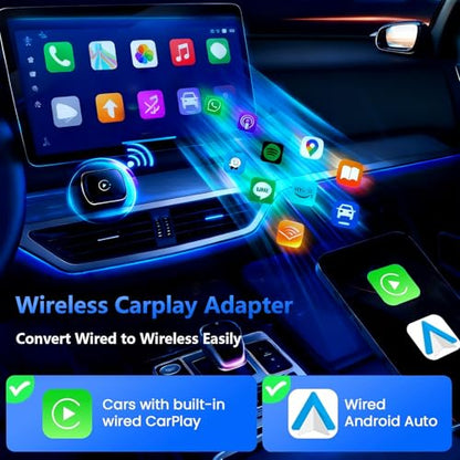2026 Upgrade Wireless CarPlay Adapter & Android Auto, 2-in-1 CarPlay Adapter Convert Wired to Wireless, Mini Size with USB A & USB-C Extension Cable, Plug & Play, Stable Connection & No Delay (Black) - color: Black