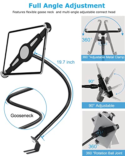 Car Seat Rail Tablet Mount for Truck, Aluminum Gooseneck Car Floor Bolt Tablet Holder Camera Clamp with 1/4'' Screw Adapter for Taxi, Van, Vehicle, Semi, SUV for iPad Pro/Air, Tabs, Gopro (9.5-14.5”)