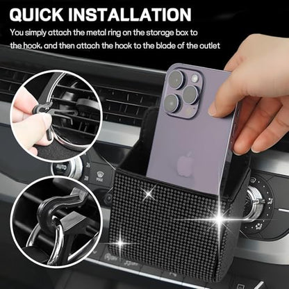 Car Vent Storage Organizer, Rhinestone Car Air Vent Leather Storage Pouch, Bling Automotive Hanging Bag Pocket Case, Universal Auto Mount Cell Phone Sunglasses Coin Holder (Black) - color: Black