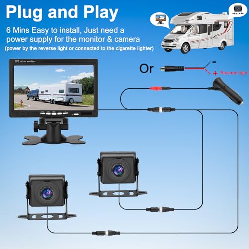 Dual RV Backup Camera with 7 Inch Monitor, AHD 1080P, 2 Channel, DIY Guide Lines 150 Degree Wide View Angel Wired Reverse Rear View Camera for Truck Car Trailer Camper Tractor - size: 7''+ 2 Camera