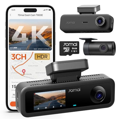 70mai 4K Dash Cam Front and Rear Inside, 3 Channel Car Dash Camera for Cars, Dashcam with GPS, Wi-Fi 6, Voice Control, Parking Monitor, Night Vision, Loop Recording, 64GB SD Card Included (T800E) - size: T800E-RC21-64GB