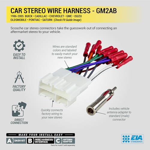 Scosche GM2AB Car Radio Wiring Harness and Antenna Adapter Compatible with Select 1986-05 GM, Buick, Cadillac, Chevy, GMC, Oldsmobile, Pontiac, Saturn Vehicles - Aftermarket Stereo Receiver Wire Kit - style: Wire Harness & Adapter Bundle