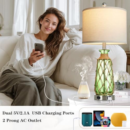 Ruzectt 25.5" Green Glass Table Lamps Set of 2, 3-Way Dimmable Touch Control Bedside Lamps with 2 USB Ports and AC Outlet, Coastal Nightstand Lamp for Bedroom Living Room (LED Bulbs Included) - color: Green